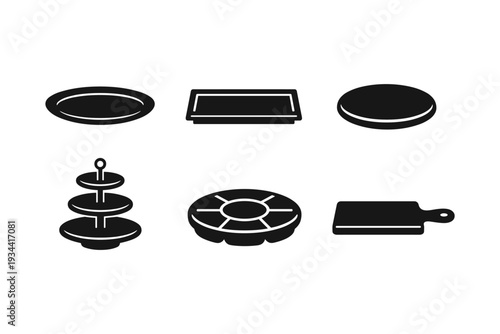 Collection of black serving platters, trays, and cutting board icons on white background