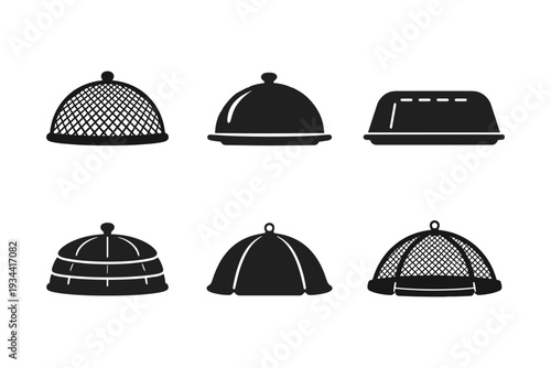 Collection of six different food cloche and serving dome icons in black silhouette