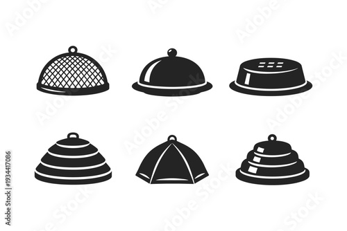 Collection of six different food cloche icons in a simple black and white graphic style