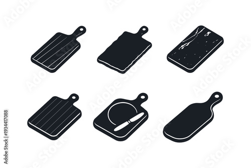 Collection of six different cutting board icons in isometric view