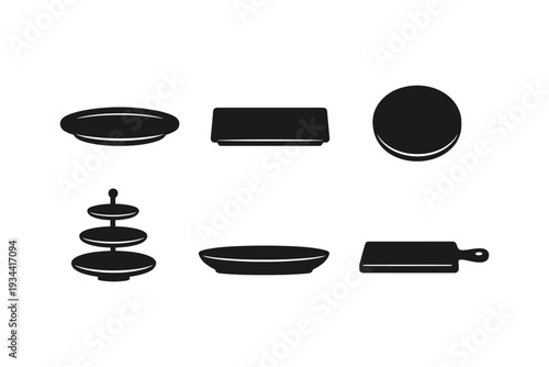 Collection of black kitchenware icons including plates, serving tray, and cutting board