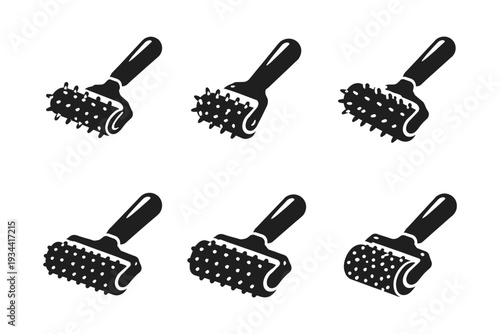 Set of six black and white icons of a massage roller with spikes for therapy