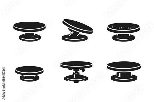 Collection of six different pottery wheels and turntables in black silhouette