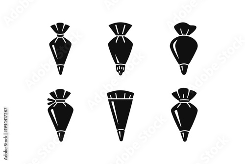 Collection of six black and white icons representing pastry bags with different tips