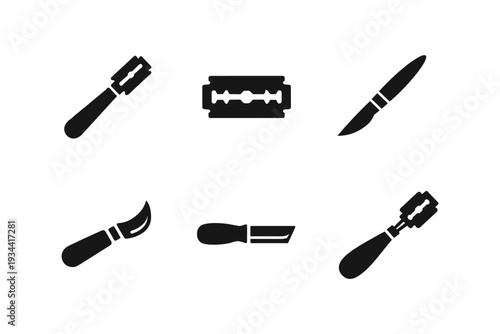 Set of black silhouette tools including razors and blades for design