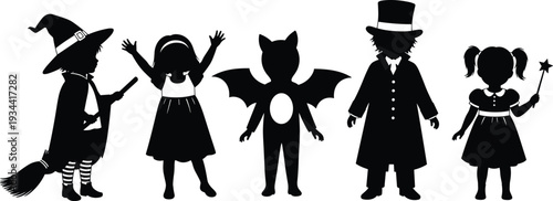 Set of black silhouettes featuring children in Halloween costumes including witch bat and magician isolated on white background for holiday celebration and party concepts