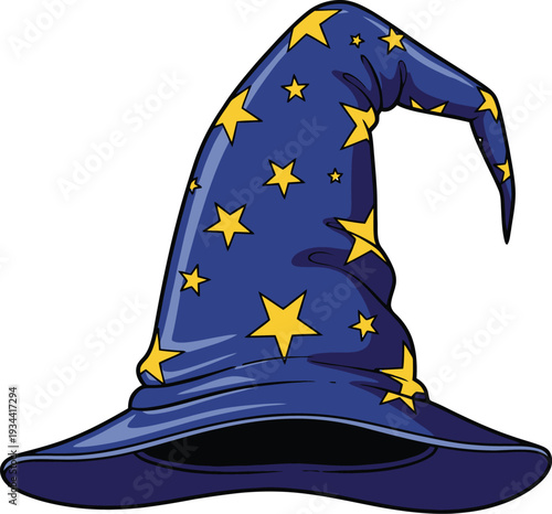 Wizard hat with yellow stars on dark blue fabric isolated on white.