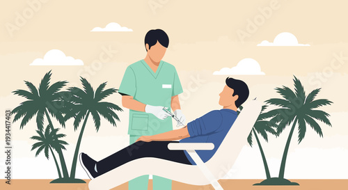 Medical Professional Administering Injection to Patient in Tropical Setting
