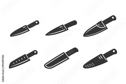 Collection of six different kitchen knife icons with sheaths and unique handle designs