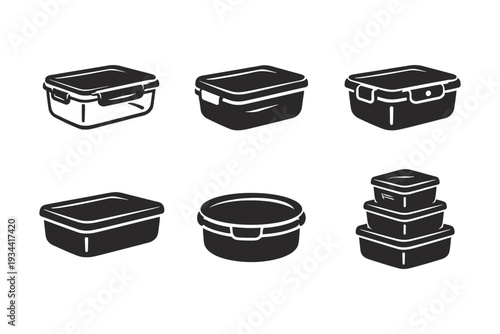 Collection of diverse food storage containers with lids, presented in a clean graphic style