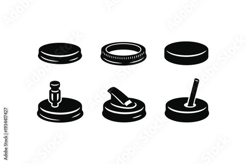 Collection of six different black and white icons representing various types of bottle caps and lids
