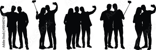 Set of black silhouettes featuring groups of friends taking selfies with smartphones and selfie sticks isolated on white background flat vector illustration design