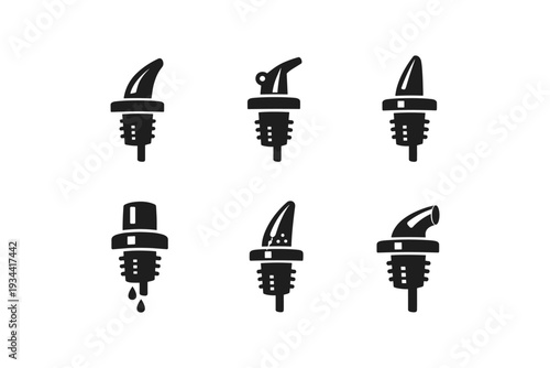 Collection of six different black liquor pour spouts and bottle stoppers on white background