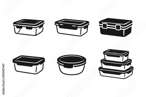 Collection of various food storage containers with lids, illustrated in a simple line art style