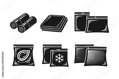 Collection of black and white icons representing various types of storage bags and containers