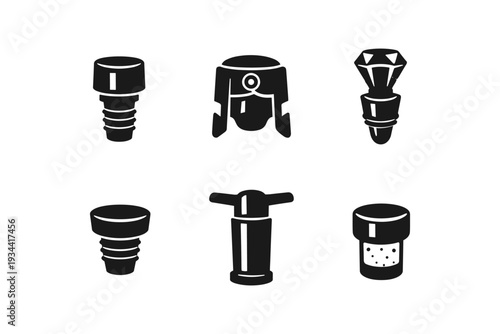 Collection of six different wine and champagne stoppers and accessories