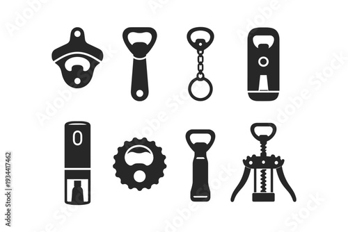 Collection of various bottle openers and corkscrews in a simple black silhouette style