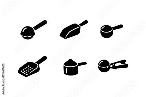 Collection of six different scoops and spoons for measuring and serving food items