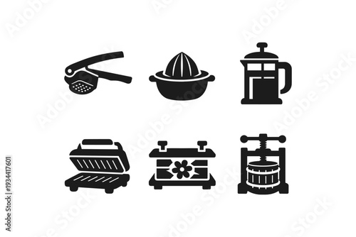 Collection of kitchen utensil icons including a garlic press, juicer, and French press