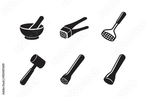 Collection of kitchen tools for crushing and mashing ingredients, presented as icons