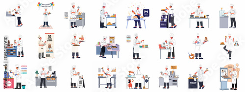 Flat illustrations of professional chefs preparing churros and desserts for commercial events, marketing campaigns, and celebrations, highlighting culinary business and food service.