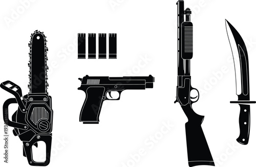 Set of black weapon silhouettes featuring a chainsaw handgun pistol shotgun ammunition bullets and a sharp hunting knife isolated on white background flat vector