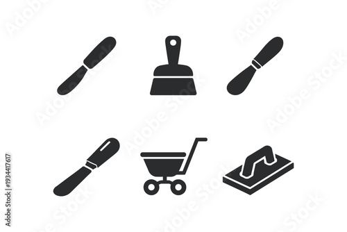 Collection of construction and repair tools icons including trowels, putty knives, and a wheelbarrow