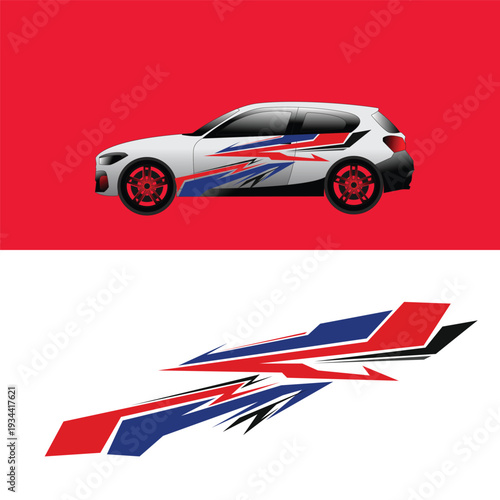 Sporty car livery design featuring a combination of red, black, white, and gray colors
