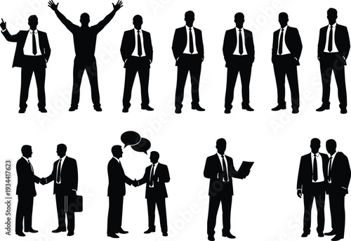 Set of black silhouettes featuring businessmen in suits shaking hands, standing in various professional poses, and celebrating success isolated on white background, flat vector