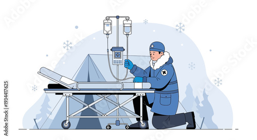 Medical Professional Administering IV Drip in Snowy Outdoor Setting