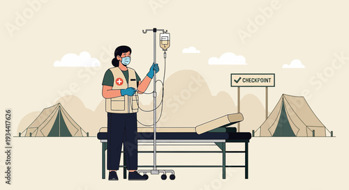 Medical Professional Administering IV Drip in Outdoor Field Hospital Setting