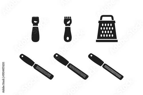 Collection of kitchen graters and zesters in a simple black and white icon set