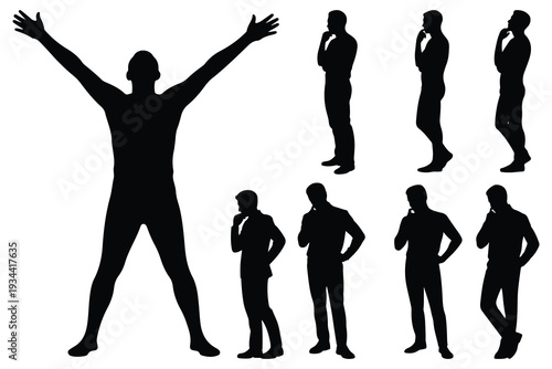 Black silhouettes of men in various poses white background