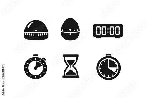 Collection of various timer icons including kitchen, hourglass, and stopwatch styles
