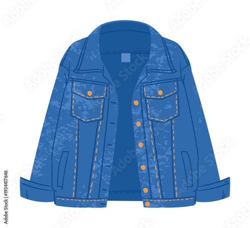 Denim jacket. Cartoon denim casual clothing piece, jeans garments flat vector illustration. Jeans fabric jacket on white background