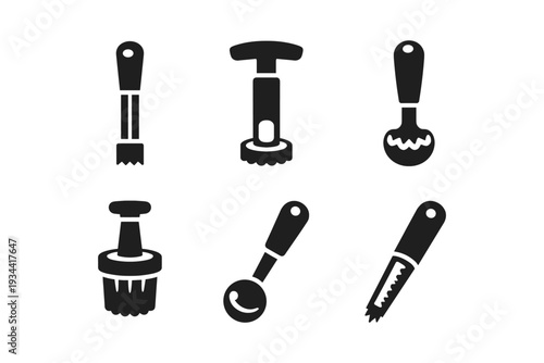 Collection of six black kitchen utensil icons on a white background