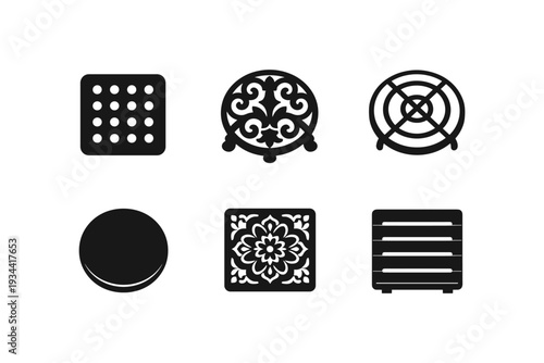Collection of six different black icons representing trivets and coasters