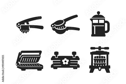 Collection of kitchen gadgets and appliances icons for cooking and food preparation