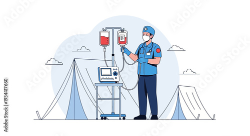 Medical Professional Administering IV Drip in Outdoor Tent Setting