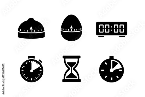 Collection of six different timer icons representing time management and measurement