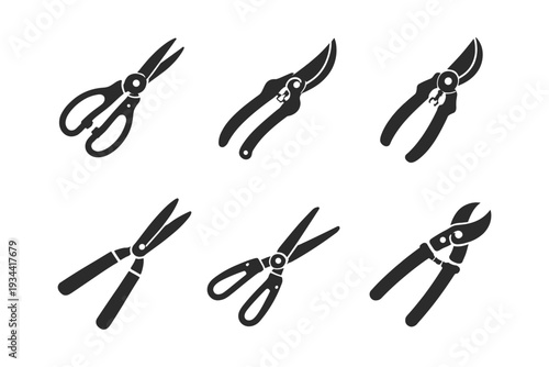 Collection of six different garden pruning shears and scissors icons in silhouette
