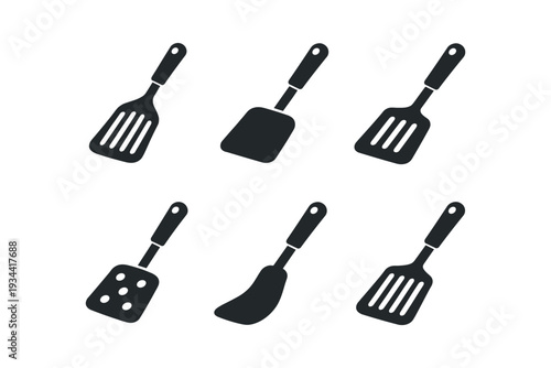 Collection of six different black spatula icons on a white background