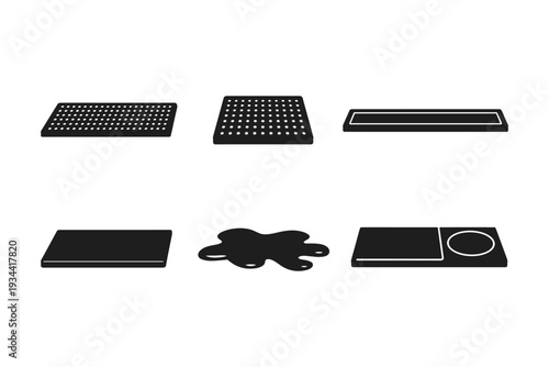 Collection of various mats and a liquid spill icon on a white background