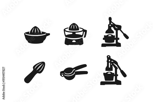 Collection of black icons representing various citrus juicers and presses on a white background