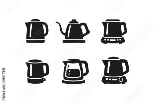 Collection of six different electric kettle icons in a simple black and white design