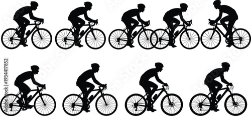 Set of professional cyclist silhouettes featuring male riders on road bikes and mountain bikes in various cycling positions isolated on white background flat vector