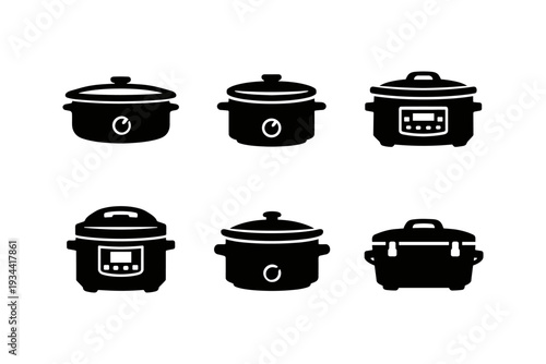 Collection of six black icons representing different types of slow cookers and multicookers