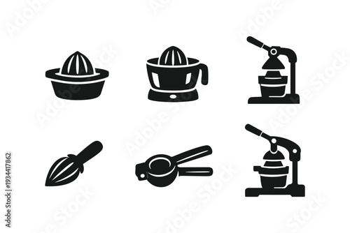 Collection of black icons representing various citrus juicers and reamers for fresh beverage preparation