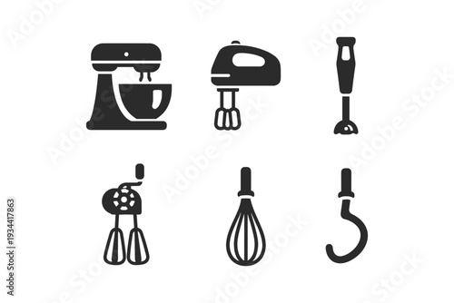 Silhouettes of various kitchen mixing tools and appliances for culinary use