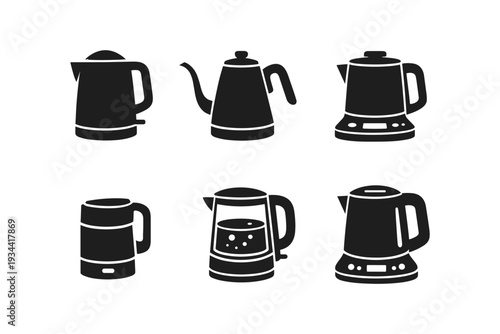 Collection of diverse electric kettle icons and silhouettes for kitchen use